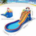 Commercial inflatable slide for outdoor use, rainbow theme, with climbing wall, ball pit, ring toss and basketball
