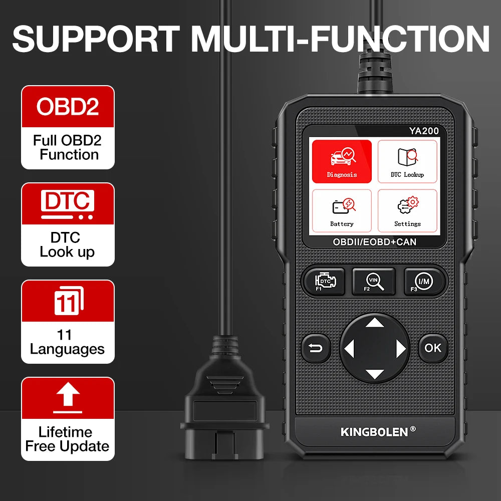 Kingbolen Ya200 Obd2 Scanner Automotive Dtc Lookup Check Motor Light Auto Diagnostic Tool Scanner Free update Battery test