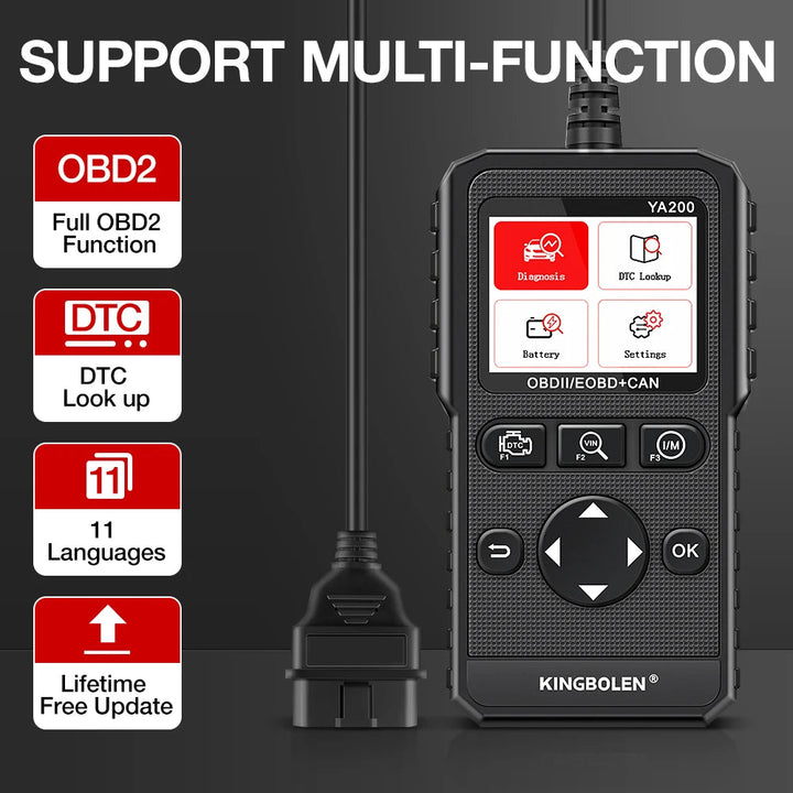 Kingbolen Ya200 Obd2 Scanner Automotive Dtc Lookup Check Motor Light Auto Diagnostic Tool Scanner Free update Battery test