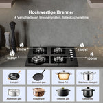 Gas cooktop 4 burners, NG/LPG omzetbaar, built-in 60cm black glass gas cooktop with wokbrander, flame protection, 8000W