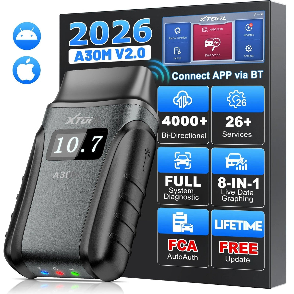 EU Warehouse XTOOL A30M free updates Auto diagnostic tool Android APP control automotive diagnostics Tool Bluetooth OBD2 Scan