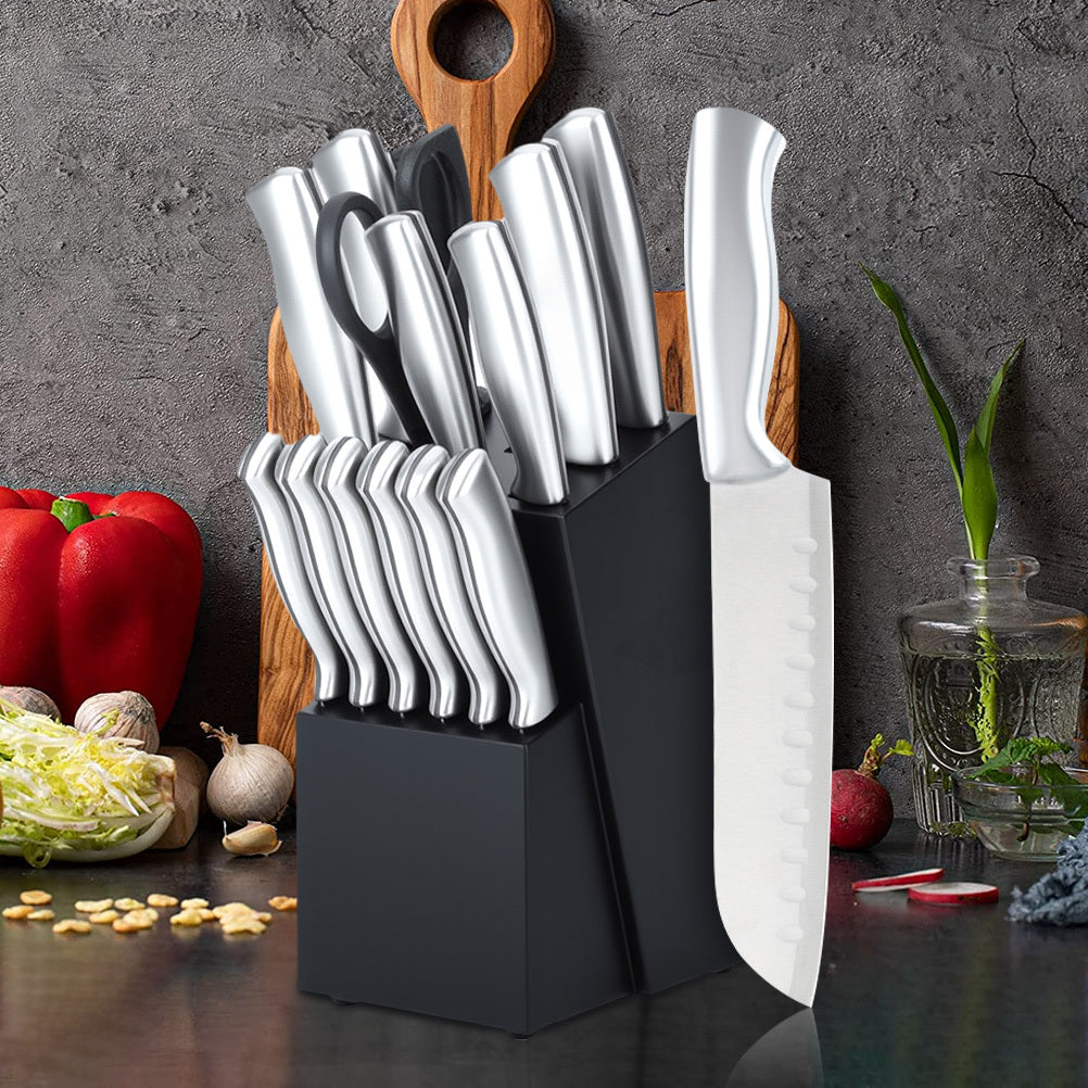 15-piece keukenknife set with knives and handles of high-quality carbon steel, 6 steak knives, black wooden block, ergonomisch
