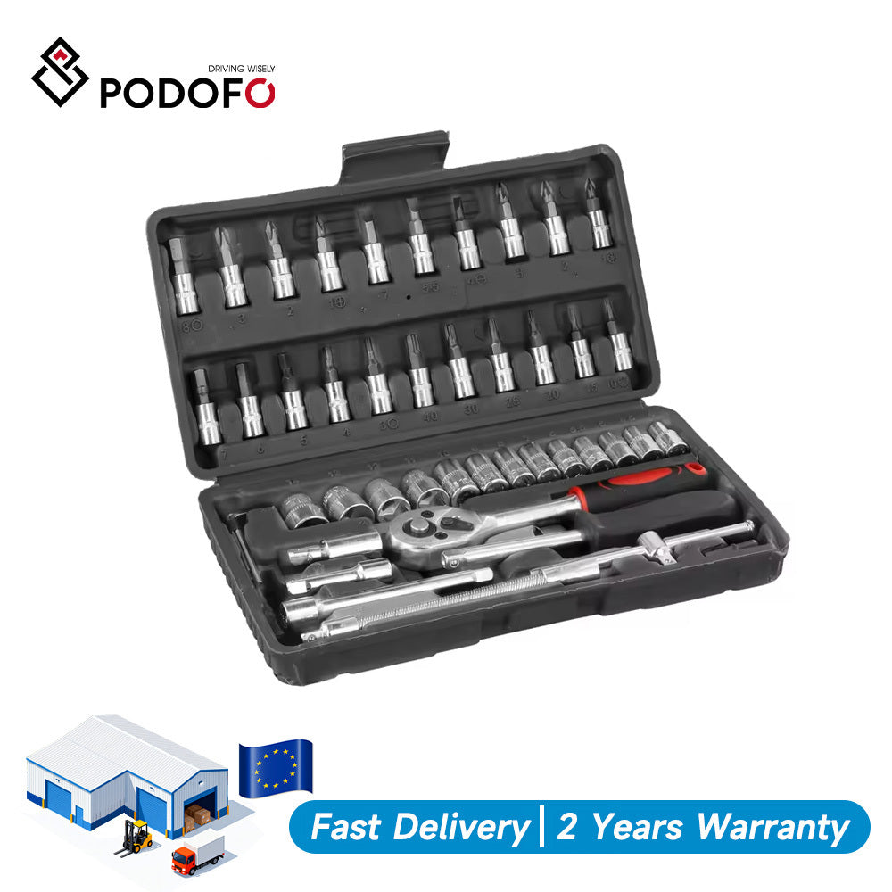 Podofo 46-piece autoreparatieset ratel momentsleutel wrench screwdriver steeksleutelset combo. Perfect for bicycle- and autoreparatie.