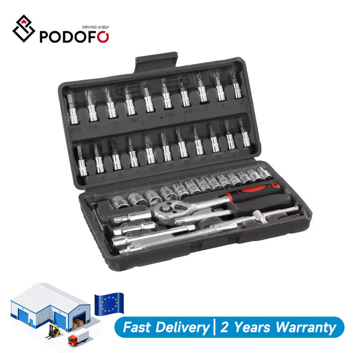 Podofo 46-piece autoreparatieset ratel momentsleutel wrench screwdriver steeksleutelset combo. Perfect for bicycle- and autoreparatie.