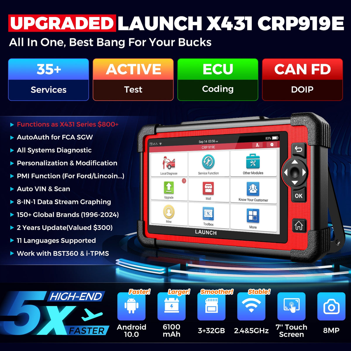 LAUNCH CRP919E car diagnostic tool full system Automotive Scanner Active Test CAN FD/DIOP 29+ Reset Code reader