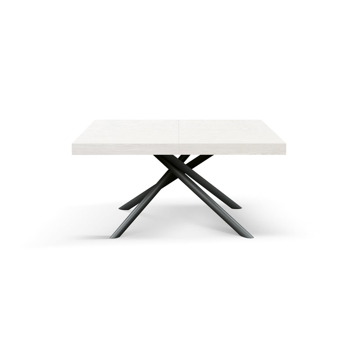 Uitschuifbare whitete essen dining table 160x90 with blacke buisvormige gekruiste poten, for indoor use, melamine afwerking, 