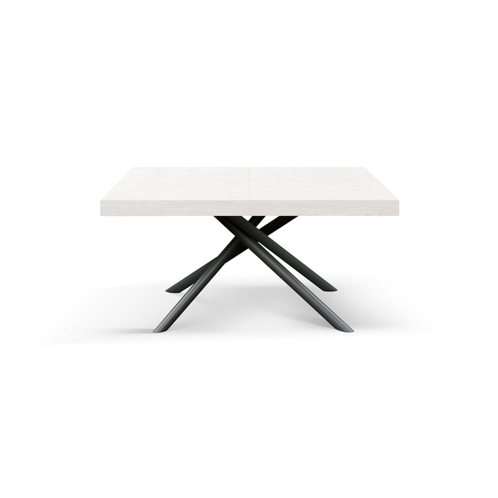Uitschuifbare whitete essen dining table 160x90 with blacke buisvormige gekruiste poten, for indoor use, melamine afwerking, 