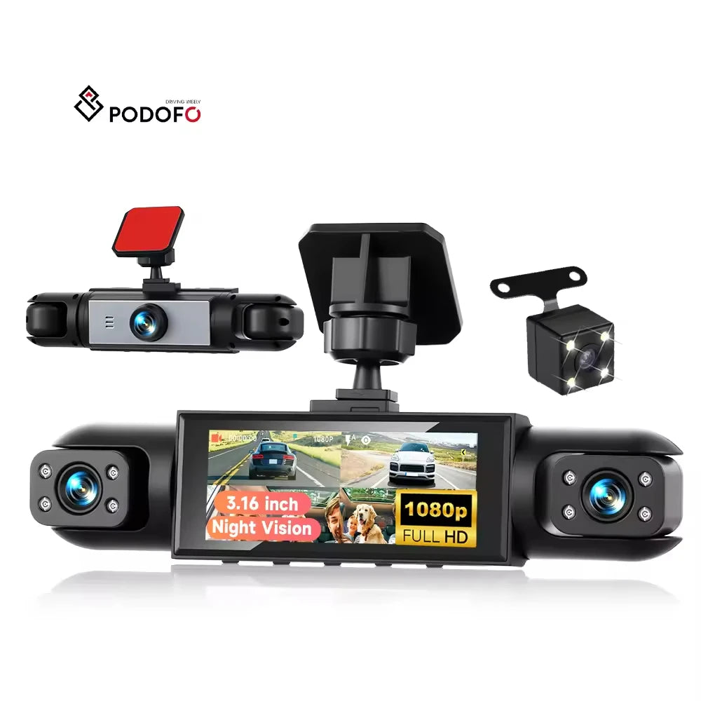 Podofo 3.16'' Dashcam 4-lens 1080P DVR camera 480P links-rechts-achteruitkijkspiegel lusopname nachtzicht bewegingsdetectie v