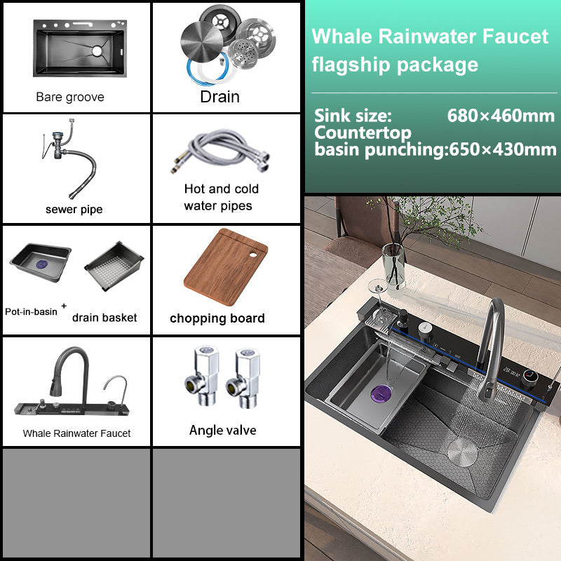 STAINLESS STEEL kitchen faucet with integratede digital display and waterval faucet, geëmbosseerde sink for kitchen