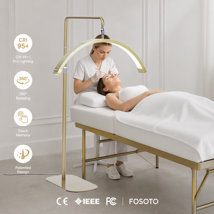 FOSOTO Oversea Warehouse LED Lash Ring Light for schoonheidssalon, bed, artiest, gold half maan LED vloerlamp for wimperverlenging, spa