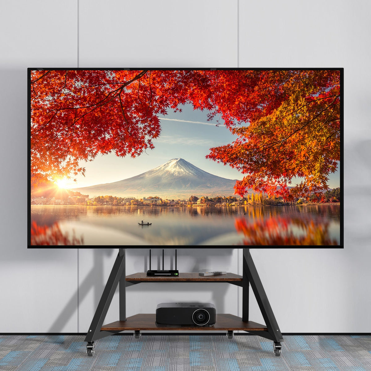 Large wooden tv-floor stand with height adjustment and storage shelf