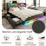 Multifunctional gestoffeerd bedframe with LED-lighting and opberghoofdbord and USB-charging station, 4 laden, wooden lattenbodem, gray.