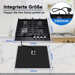 Gas cooktop 4 burners, 60cm black glass gas cooktop, built-in gas cooktop with cast iron support, gas cooktop with flame protection