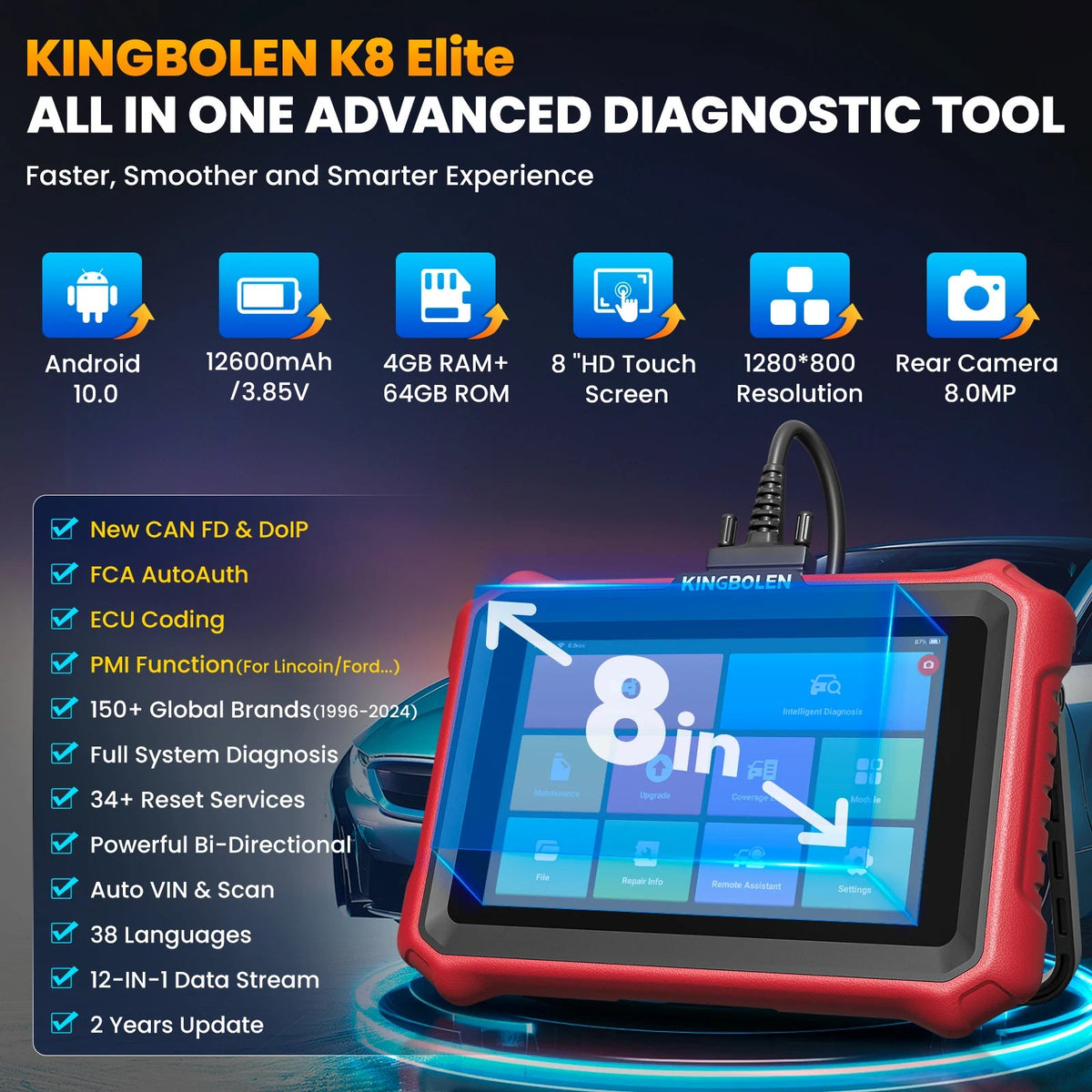 KINGBOLEN K8 Elite full-system diagnostics tool 28 Reset functions ECU coding bidirectional free updates