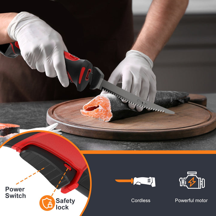 Li-Ion Wireless Electric Filet Knife With Antisliphandvat, 4 Ti-Nitride S.S. Coated Antiaanbaklaag Heen And Weer Moving Bladen