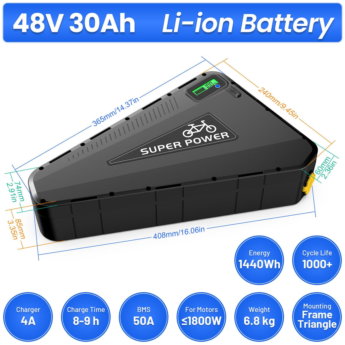 EU THE Warehouse Triangle E-bike battery with 5000mAh 21700 Lithium-ion cells, 48V 30Ah capacity, 50A GPS BMS and 4A snellader