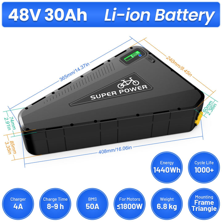 EU THE Warehouse Triangle E-bike battery with 5000mAh 21700 Lithium-ion cells, 48V 30Ah capacity, 50A GPS BMS and 4A snellader
