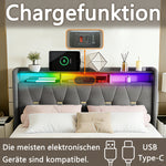 Multifunctional gestoffeerd bedframe with LED-lighting and opberghoofdbord and USB-charging station, 4 laden, wooden lattenbodem, gray.