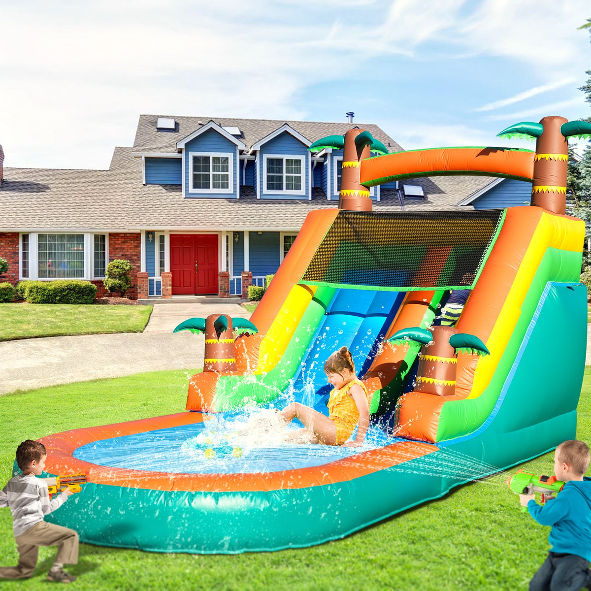 durable PVC tropical Fiesta palm tree inflatable water slide with splash pool for family parties/commercial events