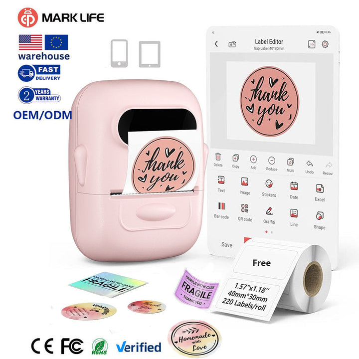 Marklife P50 thermal labelprinter - no ink/toner nodig, USB-interface, 58 mm paper, battery inbegrepen, suitable for small bedrijven and home use