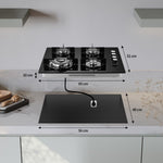 Gas cooktop 4 burners, NG/LPG omzetbaar, built-in 60cm black glass gas cooktop with wokbrander, flame protection, 8000W