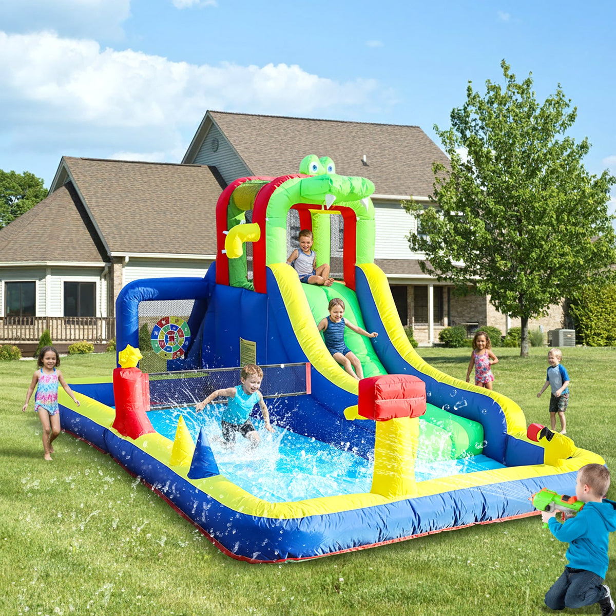 commercial Kinderfeest Natte Droge Inflatable Bounce Home Water slide Uitsmijter Combo Withsplash Pool, Klimmen, Blower, Mand, Dartboard