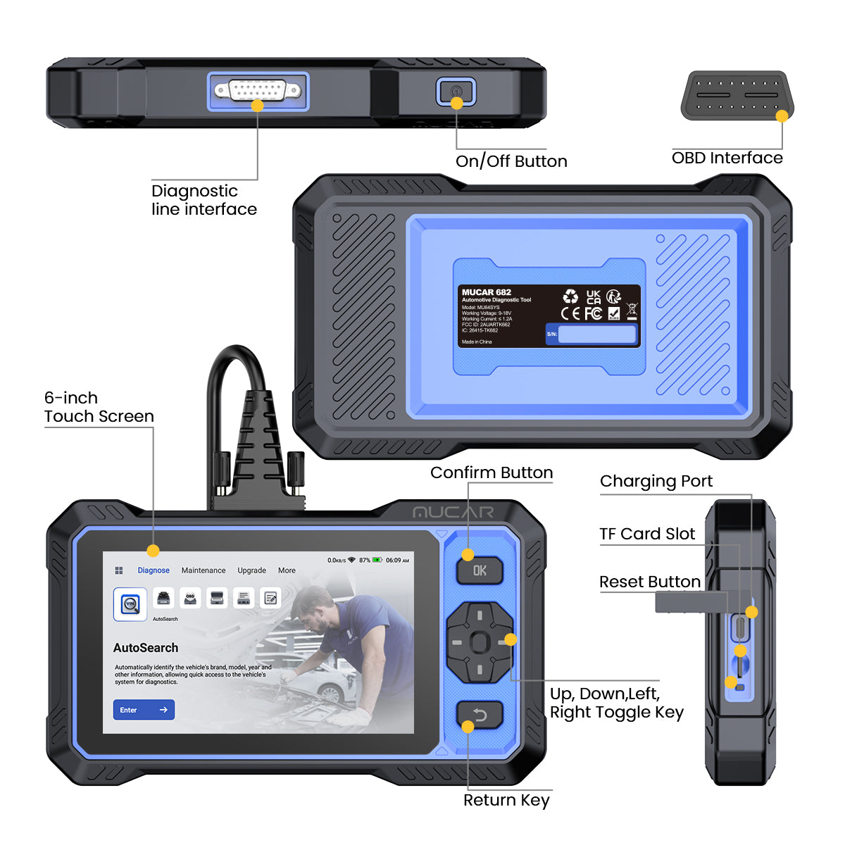 MUCAR 682 AI car diagnostic tool with 20+ services, CAN FD, 6,2 inch touchscreen, bidirectional, wereldwijd, meertalig, free 